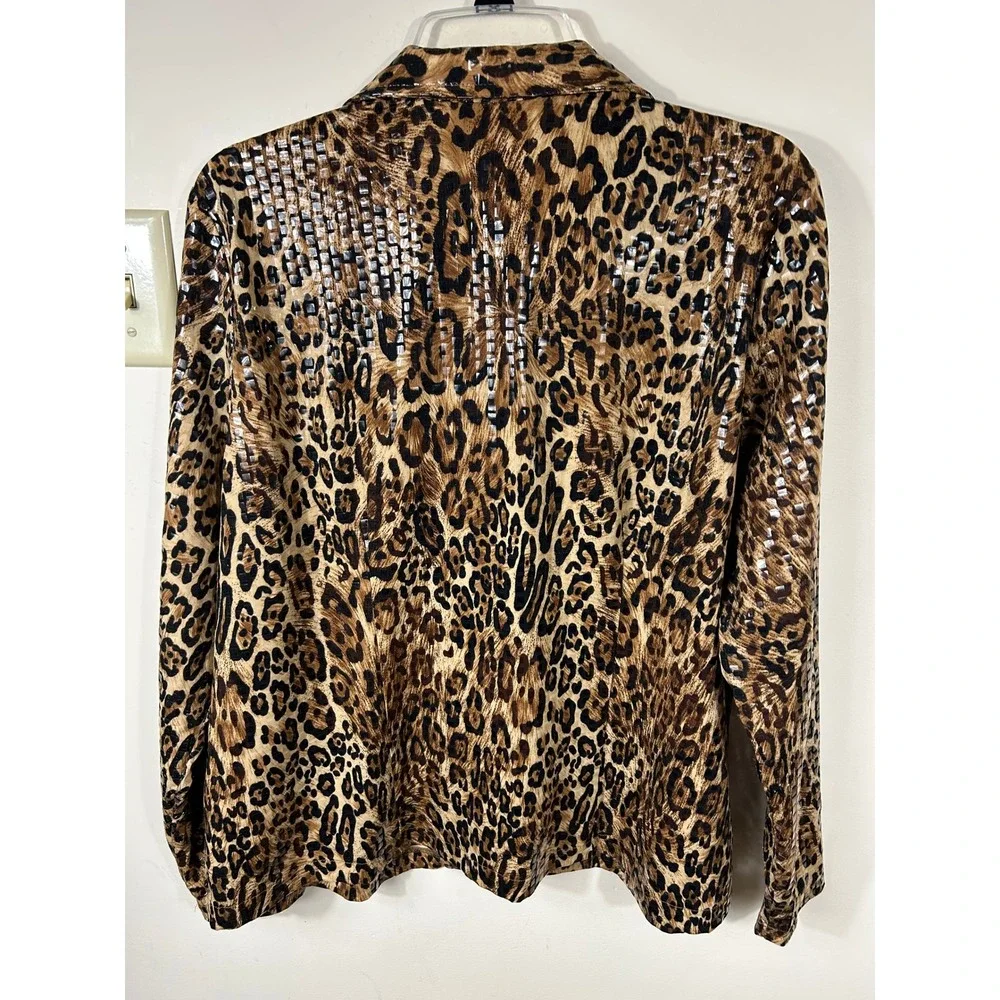 Exclusively Misook Leopard Print Jacket Women XL Shimmer Sequin Full Zip Stretch - Picture 2 of 7